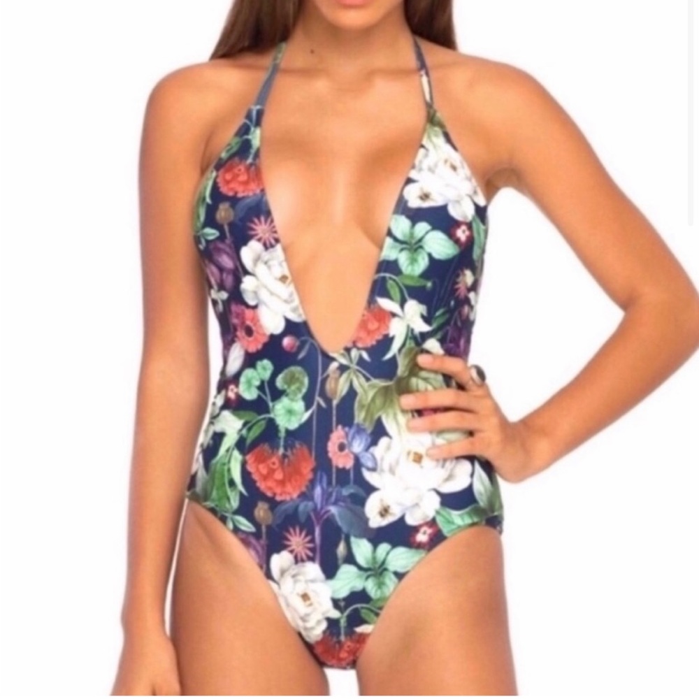 Motel Swimsuit Tropical Botanical Floral Blue White Green Red Purple Deep Plunge